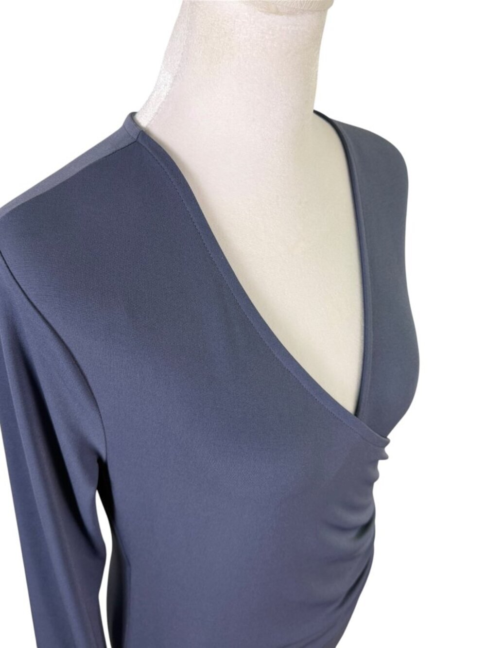 Tahari Dusty Blue Faux Wrap Ruched Long Sleeve Top | Size Medium - Picture 3 of 9